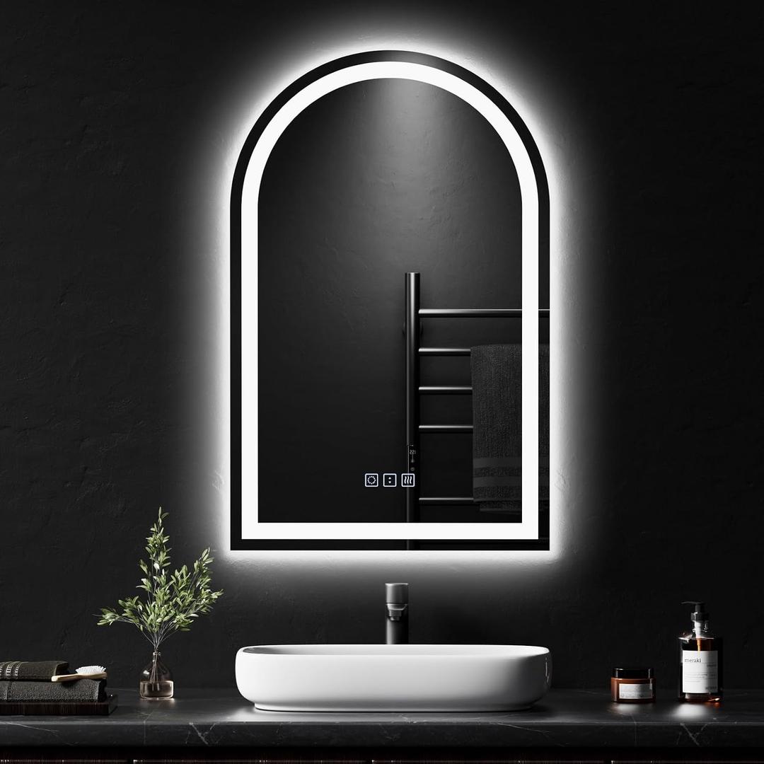 QAOYEDE Arched LED Mirror for Bathroom 28x18, Small Wall Mirror with Lights, Bathroom Mirrors with Light, Backlit/Front Dimmable 3 Color Memory Anti-Fog Tempered Glass, Suitable for Smaller Bathrooms