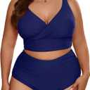 Eytino Womens Plus Size Bikini Sets High Waisted V Neck Bahting Suits Two Piece Color Block Swimsuits(1X) (Blue)