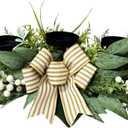 Candle Holder Centerpiece for Table,3 Wick Candle Holder with Artificial Gypsophila Flower,Artificial Eucalyptus Leaves Magnolia Holly Berries and Striped Bow for Table Centerpiece Decor,Dining Room