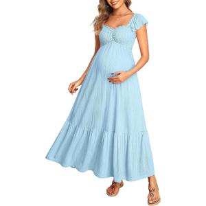 Pinup Fashion Maternity Photoshoot Dress - Baby Shower Pregnancy Summer Casual Textured Smocked Maxi Dresses (Blue) L