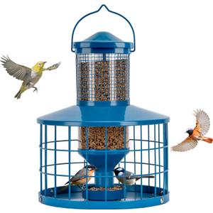 Caged Bird Feeders Squirrel-Proof, Metal, 2.8 Lbs Capacity-Cage Tube Seed Feeders with Tray Outdoor Hanging, Attract Birds,Detachable Cleaning, Starling Proof Wild Bird Feeder, Blue
