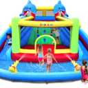 Inflatable Water Slide with Bounce House,Dolphin Styling,Splashing Pool,Double Water Cannon,Climbing Wall,Heavy Duty GFCI Blower,Inflatable Water Park Slide for Kids Backyard Summer