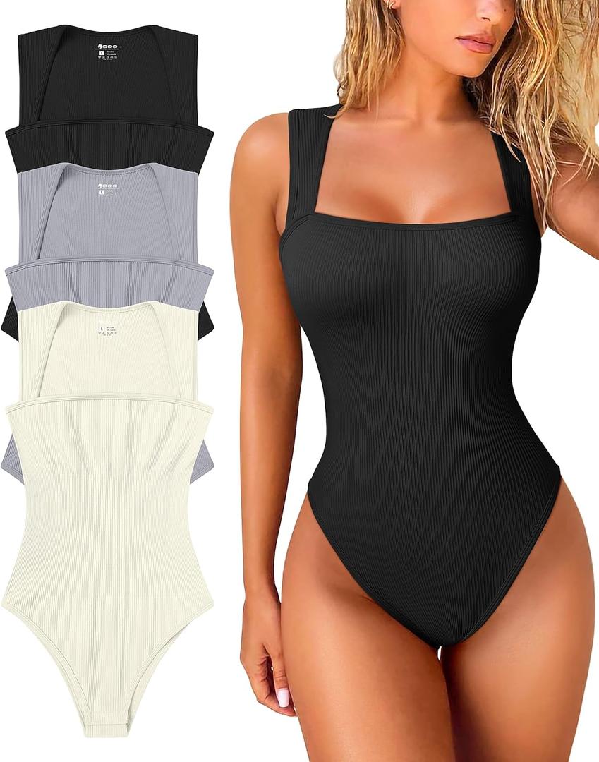 OQQ Women's 3 Piece Bodysuits Sexy Ribbed Strappy Square Neck Sleeveless Tummy Control Tank Tops Bodysuits (Black,grey,beige)