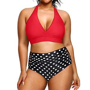 High Waisted Two Piece Plus Size Halter Bikini Swimsuits For Curvy Women-Red Dot, 20W