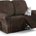 Leather Look Loveseat Recliner Cover, 6-Pieces Stretch Dual Recliner Sofa Covers, Soft Reclining Couch Slipcover, Washable Furniture Protector for Pets (2 Seater, Brown)