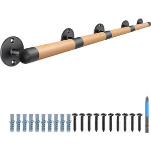 SELEWARE 67 Inch Wood Handrail Indoor Stair Handrail Drywall Mount Handrail w/Sturdy Metal Barckets, Barrier-Free Staircase Grab Bar for Elderly, 1.3 Inch Round
