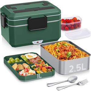 Electric Lunch Box Food Heater: 3.5 Liters Double Layer Heated Lunch Box for Adults, 90W Food Warmer for Car/Truck/Office Use, Ideal for Men, Women, Adults with Fork & Spoon and Insulated Carry Bag (Green)