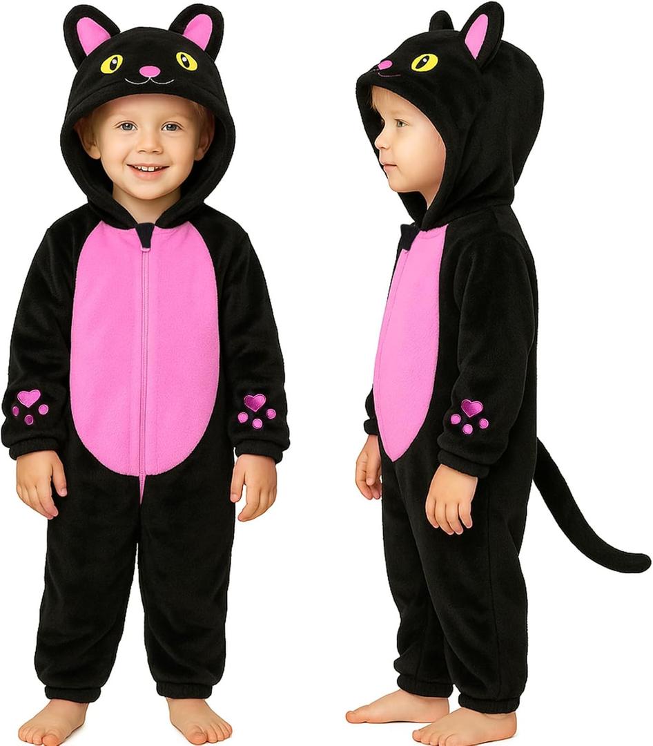 BEARAE Unisex Baby Animal Hooded Romper, Infant Toddler Onesie, Cute Animal Jumpsuit Outfit for Toddler 6-48 Months (Cat-black)