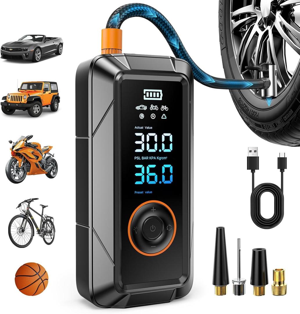 Tire Inflator Portable Air Compressor, Cordless & 12V DC Air Inflator for Car Bikes Motorcycle Tires Balls with Auto Shut-Off, Digital Pressure Gauge, Compact Emergency Pump
