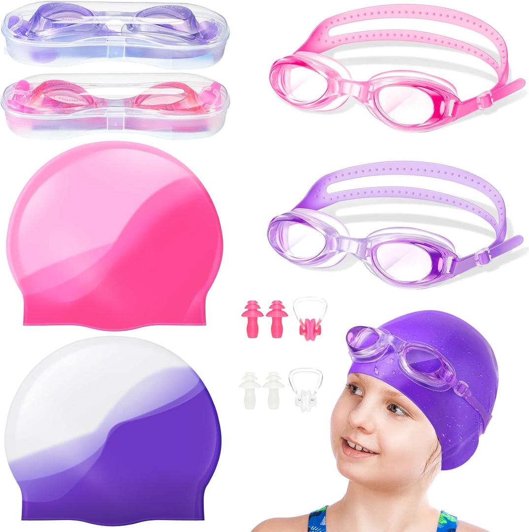 8 Pack Kids Swim Caps for Girls, Silicone Swimming Cap for Age 6-14 with Goggles Ear Plug Nose Clip for Children Boys Girls