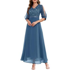 Wedtrend Women's Sequin Dresses Sparkly Glitter Dress Split Sleeves Formal Dresses Maxi Evening Dress (Blue, M)