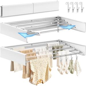 32'' Wall Mounted Clothes Drying Rack, Foldable & Collapsible Wall Mount Laundry Rack w/ 5 Thickened Rods & 4 Hooks, Space Saver Hanging Drying Rack Clothing for Laundry Room Bathroom Indoor