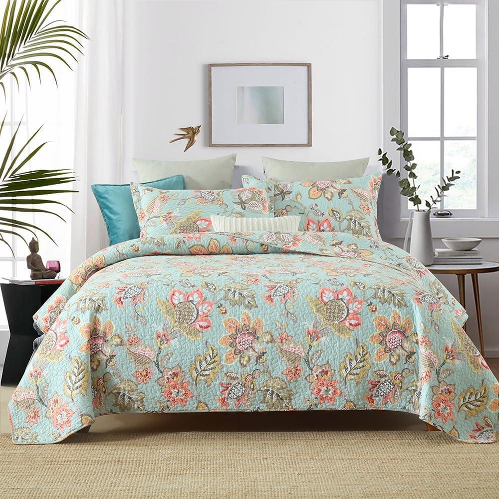 Cotton Bedspread Bedding Coverlet Quilt Sets, Reversible Vintage Branch Floral Bedspread comforters, (Vintage Floral Blue Pattern, Queen Size)