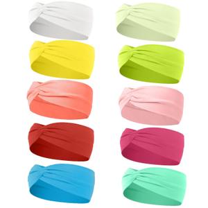 10 Pcs Wide Absorbent Sport Headbands for Women, Non-slip, Stretchy, Soft Cotton Twist Knotted Hair Bands for Daily Workout Yoga Running Sports, AA (3.9*8.6in, Mixed color 1)