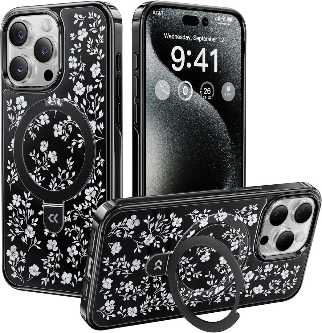 CASEKOO Vintage Flowers for iPhone 15 Pro Max Case with Magnetic Ring Stand [Compatible with MagSafe] [Military-Grade Protection] Fashion Black Back with Floral Design, Polished Black Edge, for Women
