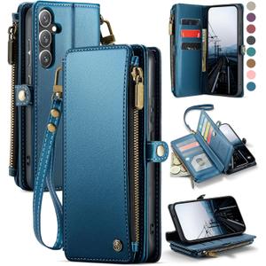 Defencase for Galaxy S25 Plus/S25+ Case Wallet with RFID Blocking Card Holder for Women Men, Elegant Leather Magnetic Snap Flip Strap Zipper Wallet Phone Cases for Samsung Galaxy S25 Plus 6.7", Blue