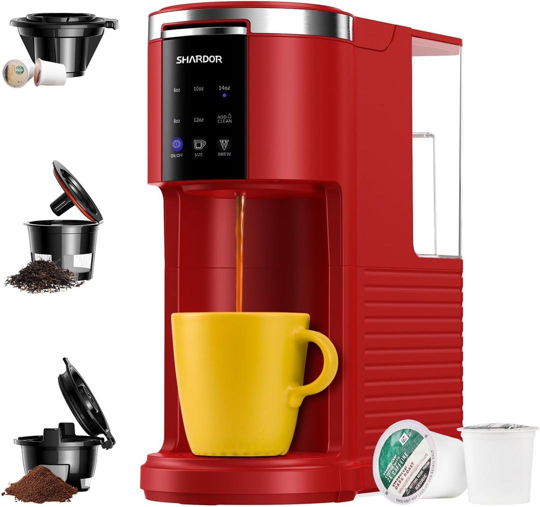SHARDOR 3 in 1 Single Serve Coffee Machine, K Cup Coffee Maker Compatible with Ground Coffee & Teas, 6 to 14oz Brew Sizes, 40oz Removable Water Tank, Descale Settings, Red