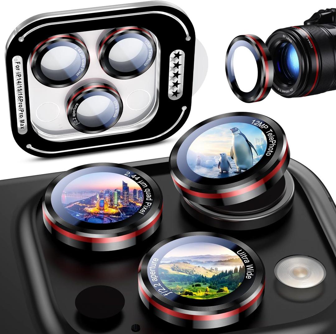 Uyiton for iPhone 17 Pro Max/17 Pro/16 Pro Max/16 Pro/15 Pro Max/15 Pro/14 Pro Max/14 Pro Camera Lens Protector - Military-Grade Tempered Glass Metal Camera Cover, Easy to Install, Black+Red