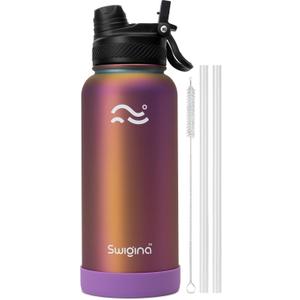 [2-IN-1 LID] Insulated Water Bottle with Silicone Boot (36hrs Cold/18hrs Hot) - DIY Stickers, Leakproof, BPA Free, 32 oz (Chameleon)