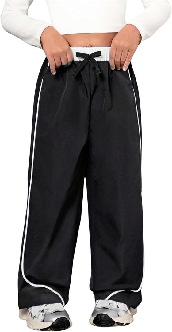 Verdusa Girl's Striped Pants Drawstring High Waisted Straight Leg Loose Trousers (Black)