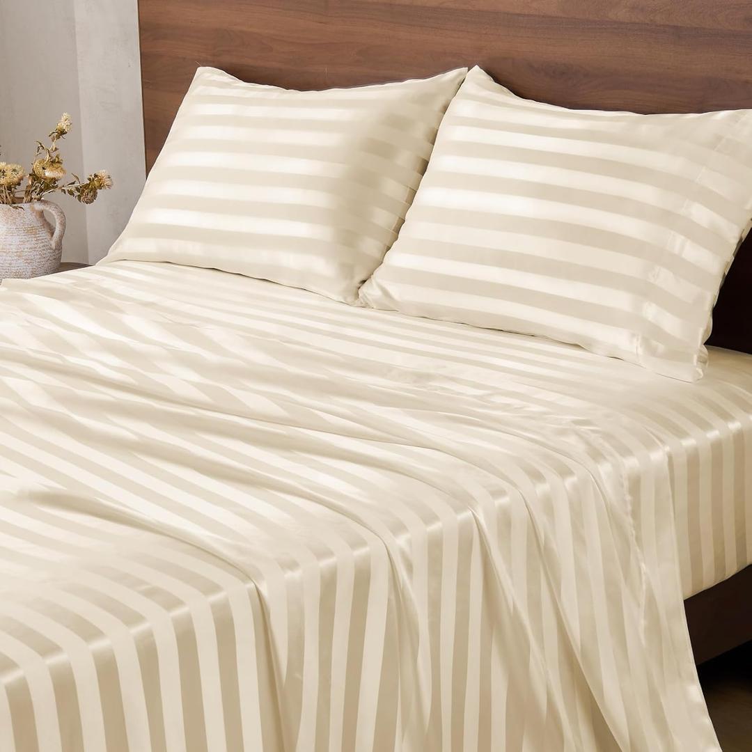 BEDELITE Satin Sheets Queen Size, Luxury Jacquard Striped Beige Bedsheets Set with Elastic Corner Straps, Similar to Silk Sheets Set 4 PC with 1 Deep Pocket Fitted Sheet, 1 Flat Sheet, & 2 Pillowcases