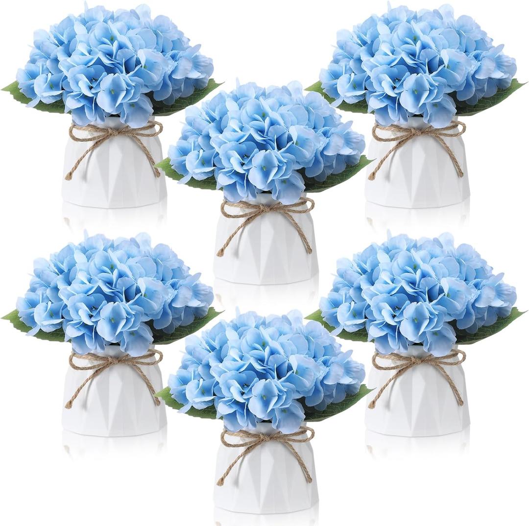 6 Set Hydrangea Centerpieces for Tables Blue Hydrangea Artificial Flowers Bouquet with Small Plastic Vase for Summer Home Wedding Table Centerpieces Bridal Shower Garden Tea Party Decor