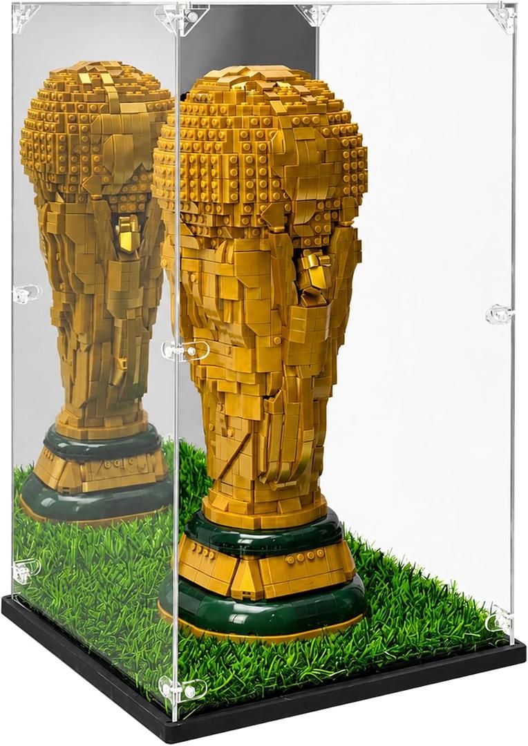 Acrylic Display Case Compatible with LEGO 43020 FIFA World Cup Trophy, 10.6" x 10.6" x 16.9" Clear Display Box with Mirror Back, Artificial Turf Base, Black Base, Dust-Resistant Showcase