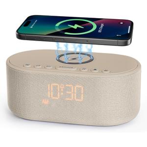 Sound Machine Alarm Clock for Bedrooms: Bluetooth 10W Stereo Sound Speaker with Wireless Charging - White Noise Machine for Sleeping with 21 Soothing Sounds - Putty
