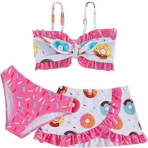 Girl's Swimsuit 3 Piece Cute Bathing Suits Donuts Print Bow Front Bikini Tankini Set with Cover Ups Beach Skirt (5T, Multicolor)