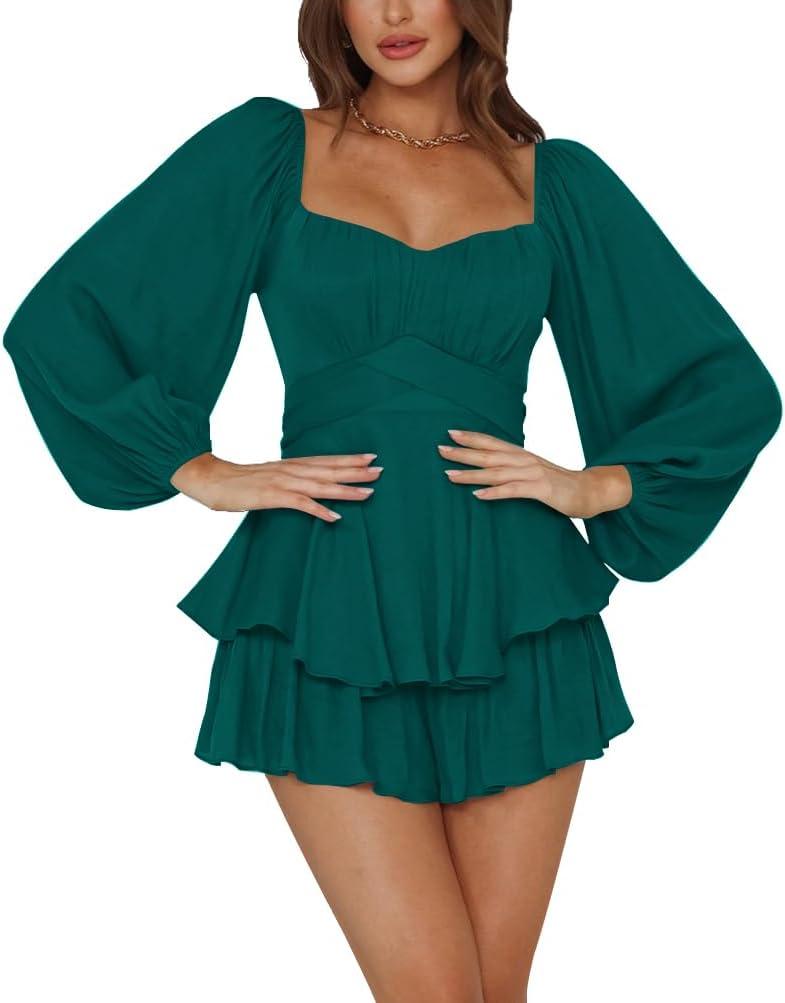 LYANER Women's Jumpsuit Lantern Long Sleeve Ruffle Layer Tie Mini Short Romper, XXL
