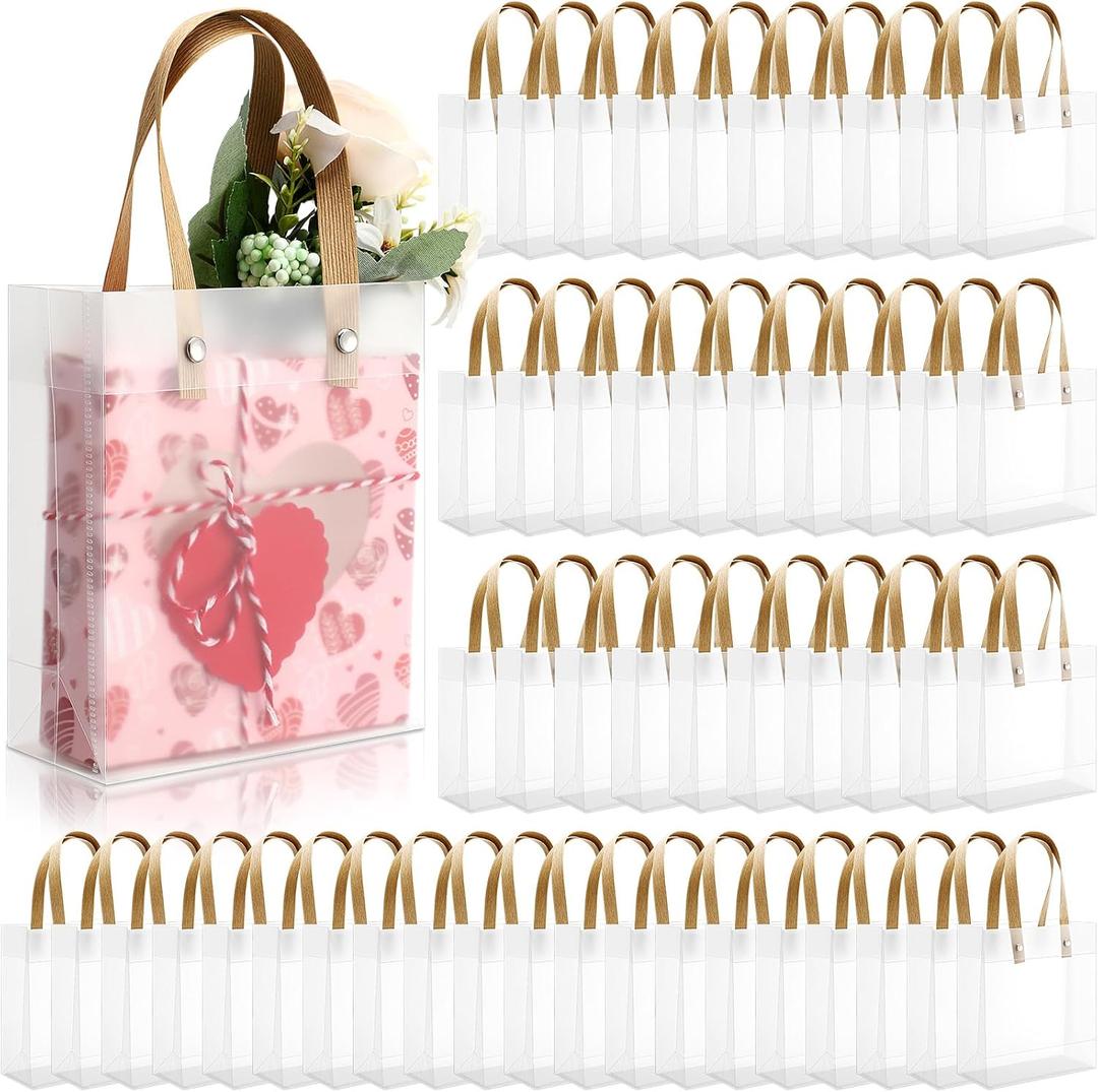 Qilery Clear Frosted Gift Bags with Handles, 5.9 x 5.1 x 2.36 Inches Small Transparent Party Favor Bag Plastic Goodie Bags for Mother's Day Wedding Baby Shower Birthday Graduation DIY(50,Brown)