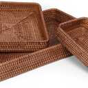 Rattan Serving Tray, Rectangular Woven Tray, Natural Wicker Decorative Serving Baskets for Organizing Tabletop Bathroom Kitchen Counter (Dark Brown)