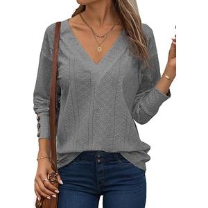 Dokotoo Womens Tops Dressy Casual V Neck Long Sleeve Shirts Buttons Business Casual Hollow Out Embroidered Tops L Gray