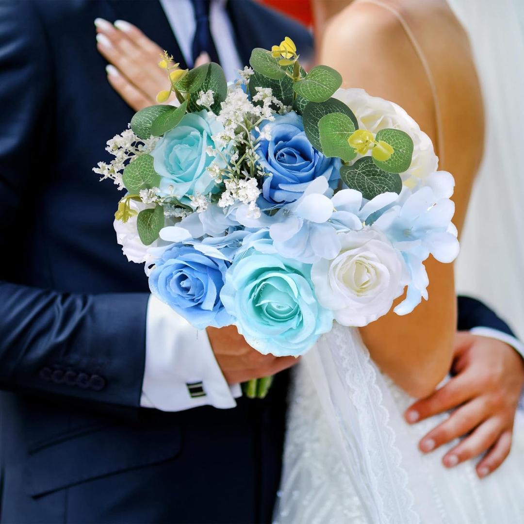 Wedding Bouquets for Bride, Artificial Flower Bouquet for Wedding Bridal Bouquets for Bride/Bridesmaid, Multicolor Bouquets with Silk Ribbon [Blue]