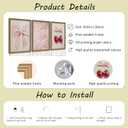 Pink Bow Canvas Wall Art Set of 3 Framed Preppy Girly Wall Decor with Cute Bows & Cherries Vintage Pink Aesthetic Artwork for Bedroom Bathroom Dorm, Natural Wood Frame 12x16