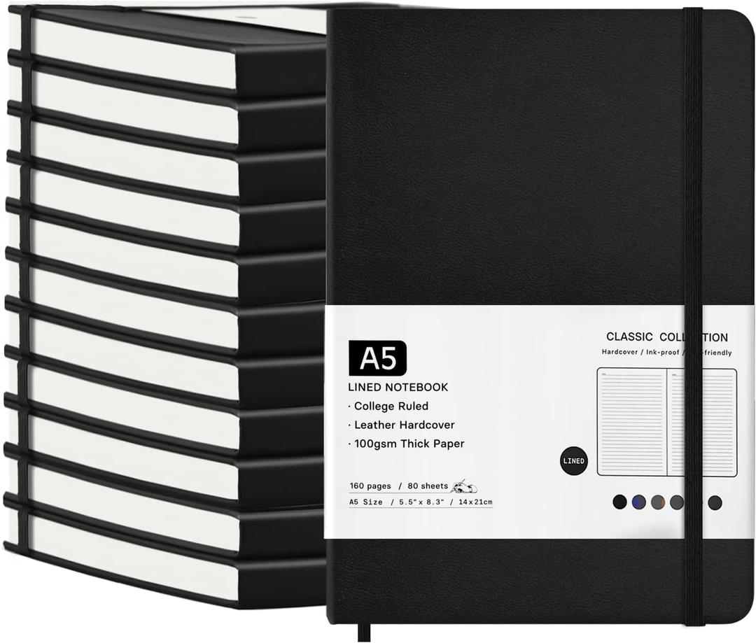 12 Pack Journal Notebooks College Ruled Notebook Classic Leather Hardcover Lined Journals for Writing Office School Home Business, 8.3 x 5.5, 100GSM Thick Paper, 160 Pages (Black, A5)