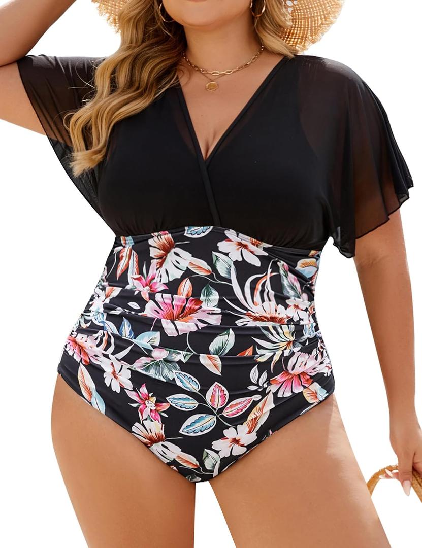 Blooming Jelly Women's Plus Size Swimsuit One Piece Bathing Suit Tummy Control Mesh V Neck Maternity Swimwear (4X-Large, Black Floral Print)