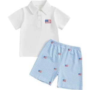 4th of July Baby Boy Outfit Toddler USA Flag Polo Shirts Gingham Plaid/Stripes Shorts Set Independence Day Clothes, Size:120