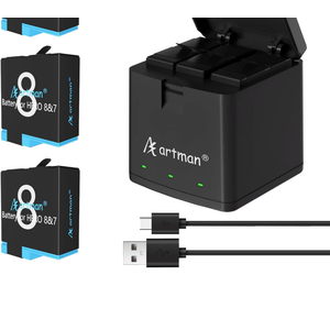Artman Battery 1500mAh for GoPro Hero 8/7/6/5 Black and 2-Channel LED USB Charger Fully Compatible with GoPro Hero 8 Battery and Charger (2-Pack)