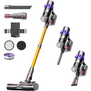 Cordless Vacuum Cleaner,600W 50KPA 65Mins Self-Standing Vacuum Cleaners for Home, Stick Vacuum Cordless with Wall Mount Charging, LED Display, Upgraded Roller Brush for Carpet, Pet Hair, Hardwood Floor (Gold)