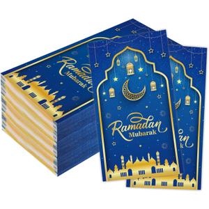 2 x Eid Mubarak Napkins, 100 Pcs Eid Mubarak Ramadan Paper Napkins Disposable, 2-Ply Blue Gold Star Moon Absorbent Paper Hand Towels for Bathroom Home Kitchen Mardi Gras Party Decorations Supplies