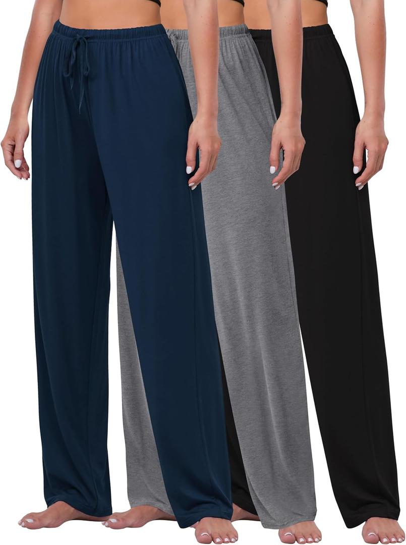 FEQO 3 Pack Women's Lounge Pants Wide Leg Yoga Pants Soft Pajama Bottoms Drawstring Casual Loose Sweatpants (XL)