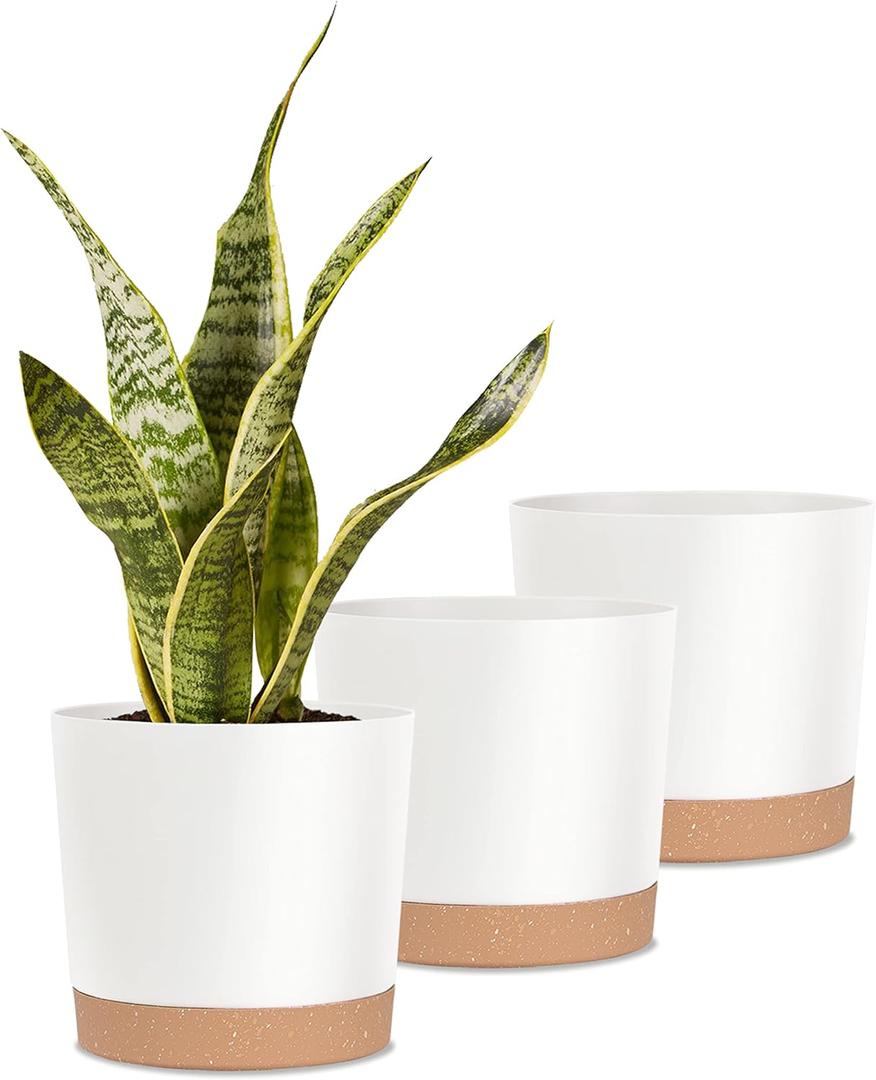 Kubvici Indoor Plant Pots Planters 8 inch Plastic Planter with Hole & Saucer Flower Pots Modern Decorative for Outdoor Garden Home (White x 3 Pack)