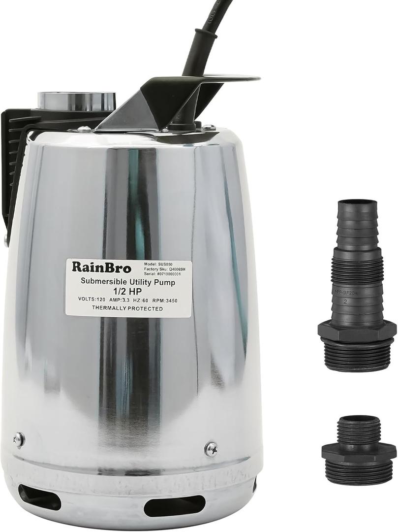 Submersible Sump Pump, Clean/Dirty Water Pump, Portable Utility Pump, 25-Foot Cord, Ideal for Swimming Pool, Garden Pond, Basement, and Flood Relief Drainage (1/2 HP Stainless Steel)