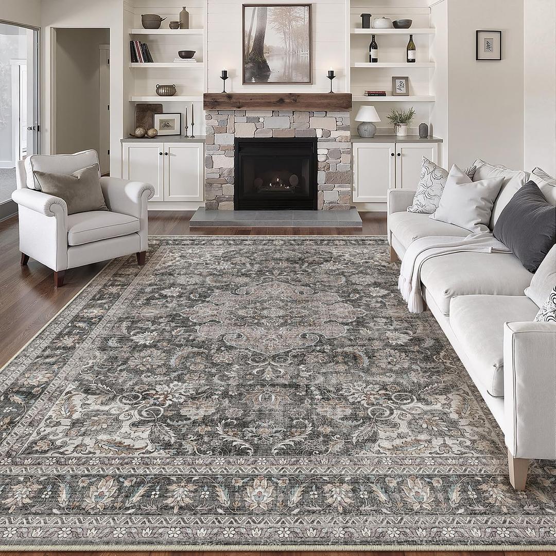 8x10 Washable Vintage Area Rug Black Grey Living Room Bedroom Carpet Non-Slip Soft Low Pile Distressed Indoor Large Throw Rug for Dining Room Office