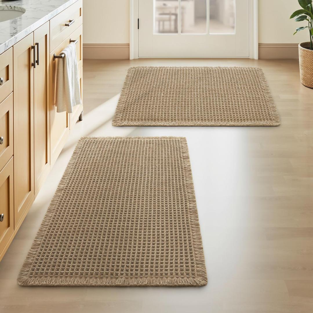Upgraded Waffle Bath Mats Set of 2, Super Absorbent Non Slip Bath Mats for Bathroom Floor, Washable Boho Bathroom Rugs Set 2 Piece with Tassels, Soft Bathroom Mat Set, 17" x 24" (2 Pack), Brown