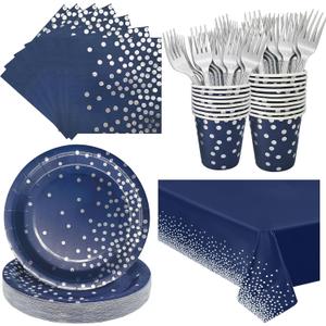 Serve 25 Guests Navy Blue Plates and Napkins Party Supplies,Blue and Silver Birthday Plates Napkins Cups Tablecloth Disposable