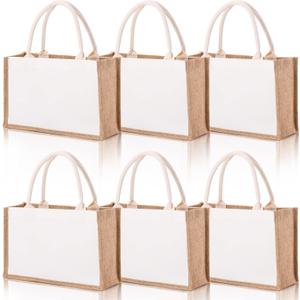 SOUJOY 6 Pack Burlap Tote Bags, Reusable Jute Gift Bags with Handles, Water Resistant Beach Bag, 14.7" x 9.8" x 4.5" Canvas Grocery Shopping Bag for Bridesmaid, DIY, Shopping, Wedding, Christmas