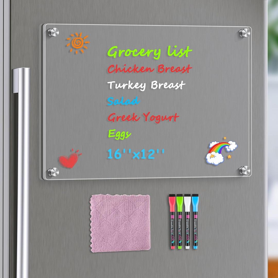 MaxGear 16"x12" Clear Acrylic Magnetic Whiteboard Fridge Dry Erase Board with 4 Markers and 1 Cloth, Reusable Kitchen Refrigerator Blank Memo Meal Planner to-Do List Grocery List Pad for Home Planner
