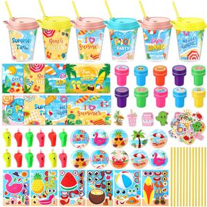 Funrous 146 Pcs Summer Party Favors, DIY Stickers Button Pins Badges Stampers Lids Straws Cups Cards Whistles for Beach Pool Summer Birthday Party Favor Supplies Hawaiian Tropical Tiki Aloha Gift Sets